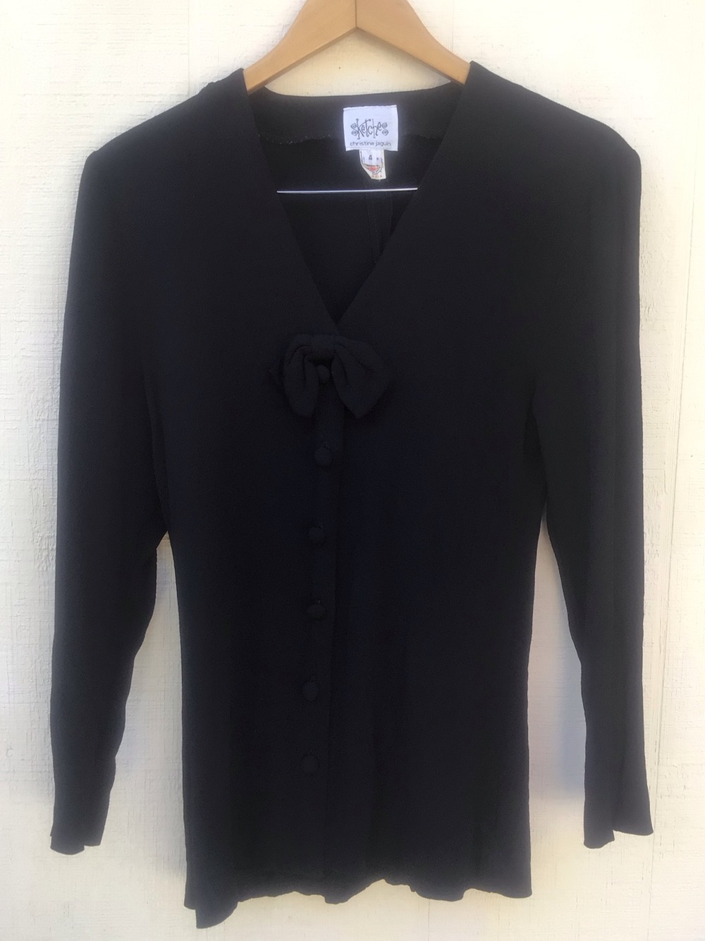 Vintage black bow button front v neck textured blouse